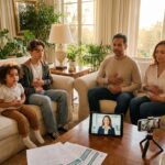 Diverse family practicing diaphragmatic breathing at home with worksheets a smartphone recorder and a remote speech therapist on a tablet screen