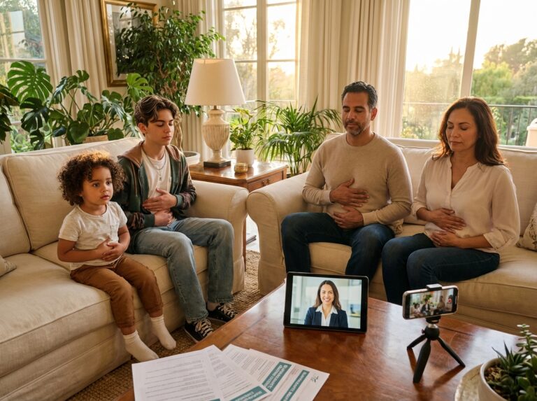 Diverse family practicing diaphragmatic breathing at home with worksheets a smartphone recorder and a remote speech therapist on a tablet screen