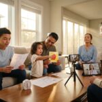 Diverse people at home practicing speech exercises with worksheets a parent and child a teen reading aloud and an adult following a therapist on tablet