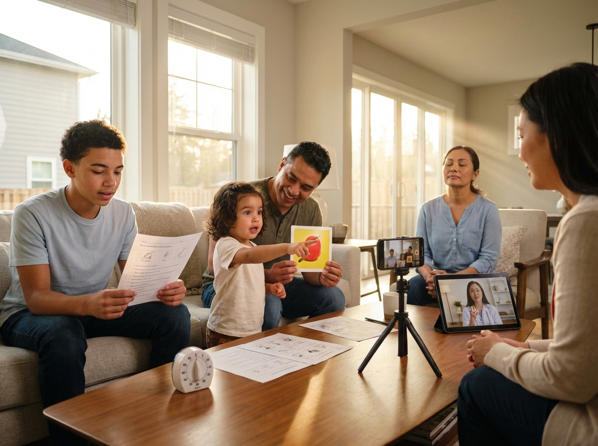 Diverse people at home practicing speech exercises with worksheets a parent and child a teen reading aloud and an adult following a therapist on tablet