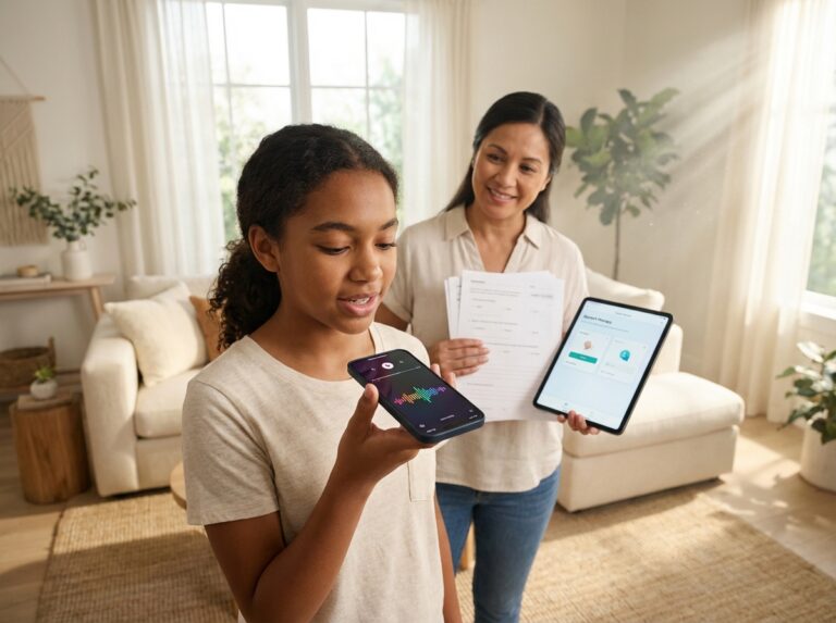 Teen practicing speech at home using a stuttering therapy app on a smartphone while a parent holds worksheets and a tablet displaying progress