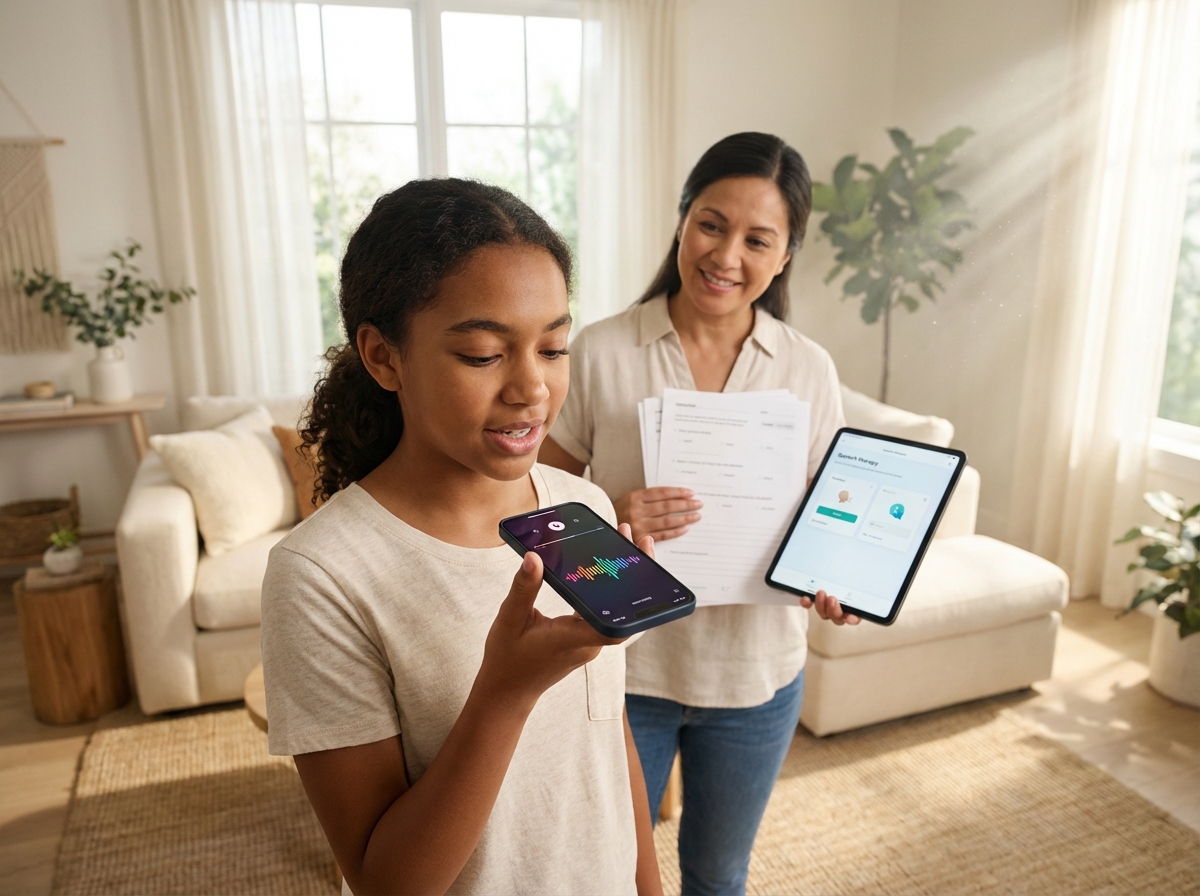 Teen practicing speech at home using a stuttering therapy app on a smartphone while a parent holds worksheets and a tablet displaying progress