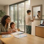 Family and teen using printable speech practice worksheets at home with teletherapy on laptop and smartphone app visible