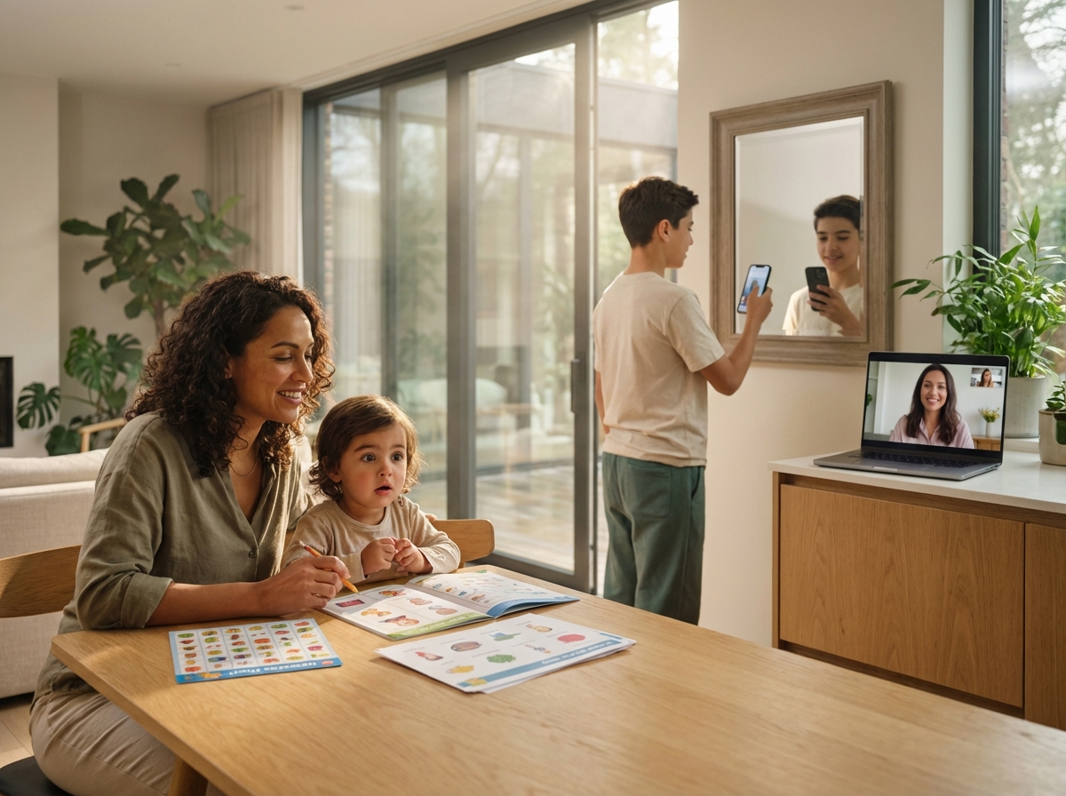 Family and teen using printable speech practice worksheets at home with teletherapy on laptop and smartphone app visible