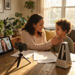 Diverse person and caregiver practicing at home speech exercises with a tablet showing a speech therapist worksheets and a smartphone recorder on a living room table