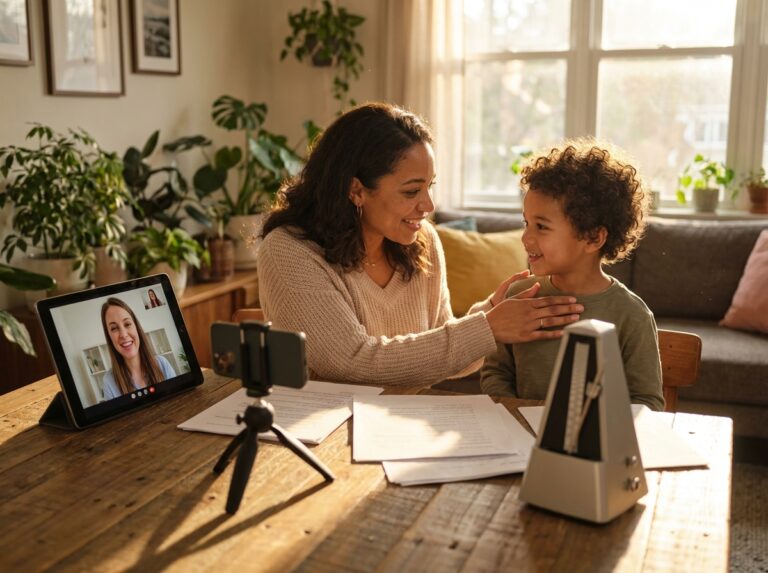 Diverse person and caregiver practicing at home speech exercises with a tablet showing a speech therapist worksheets and a smartphone recorder on a living room table