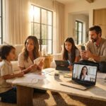 Diverse people at home doing speech exercises: parent with child flashcards teen using tablet with metronome and adult recording speech with laptop showing a speech therapist on video call