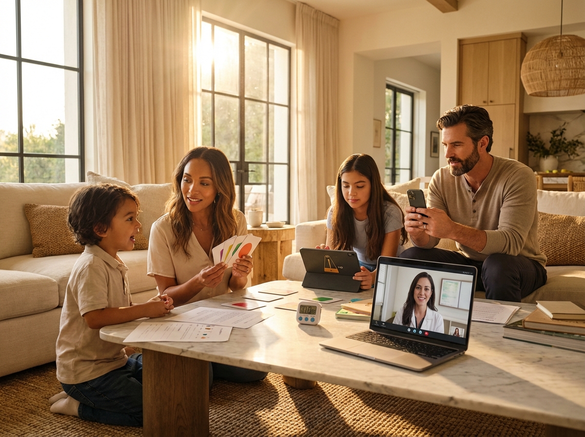 Diverse people at home doing speech exercises: parent with child flashcards teen using tablet with metronome and adult recording speech with laptop showing a speech therapist on video call
