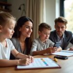 Diverse child teen and adult practicing at‑home Easy Onset speech exercises together with worksheets phone and timer on a table