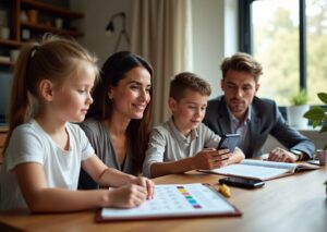 Diverse child teen and adult practicing at‑home Easy Onset speech exercises together with worksheets phone and timer on a table