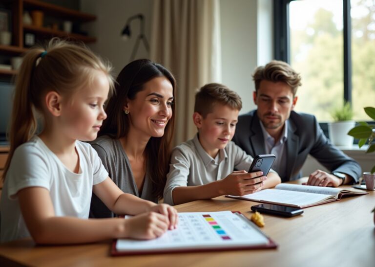 Diverse child teen and adult practicing at‑home Easy Onset speech exercises together with worksheets phone and timer on a table