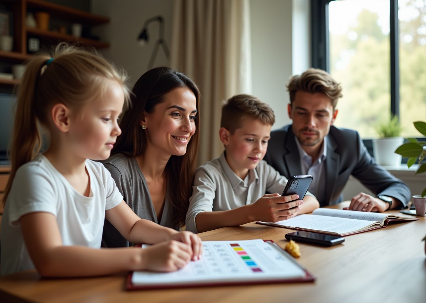 Diverse child teen and adult practicing at‑home Easy Onset speech exercises together with worksheets phone and timer on a table