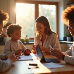 Diverse family and individuals practicing a 10-minute morning speech routine at home with a timer, worksheet, and tablet showing a remote therapist session