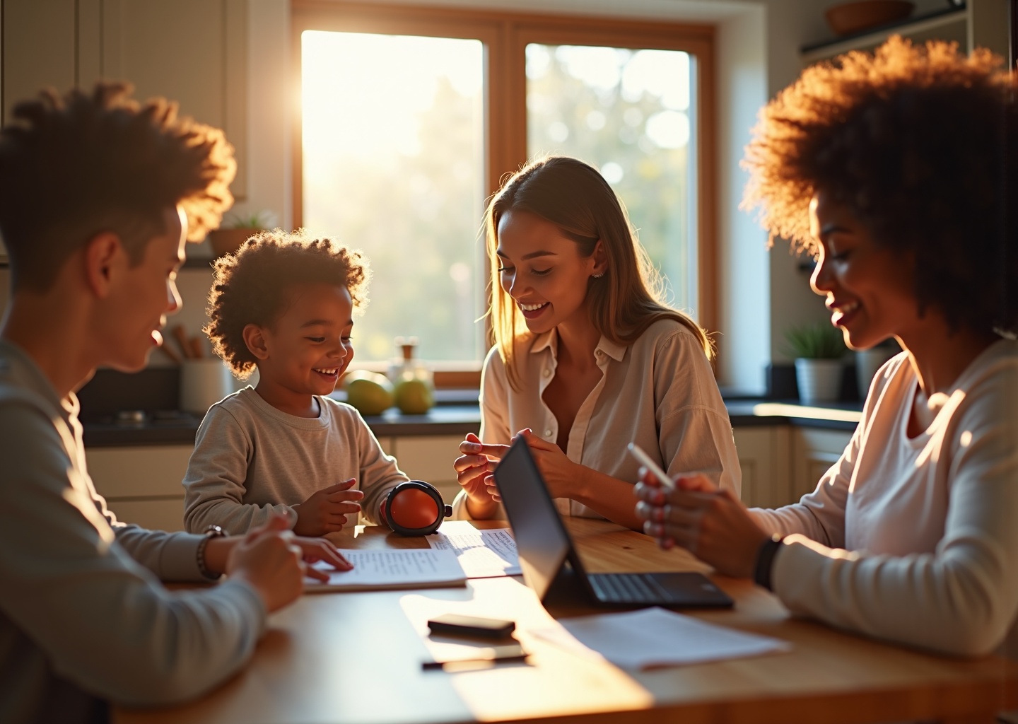 Diverse family and individuals practicing a 10-minute morning speech routine at home with a timer, worksheet, and tablet showing a remote therapist session