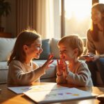 Parent and child practicing Turtle Talk slow speech at home with worksheet and timer on the table, speech therapist observing, warm natural light