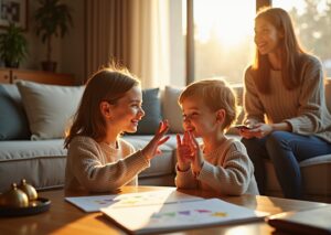 Parent and child practicing Turtle Talk slow speech at home with worksheet and timer on the table, speech therapist observing, warm natural light