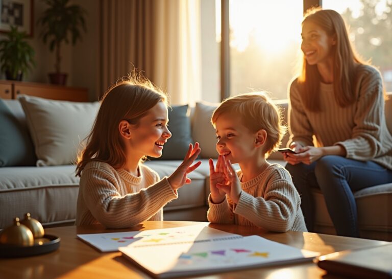 Parent and child practicing Turtle Talk slow speech at home with worksheet and timer on the table, speech therapist observing, warm natural light