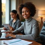 Diverse job candidate practicing interview answers at home with speech exercise worksheets on a desk; parent guiding a teen in the background during role‑play.