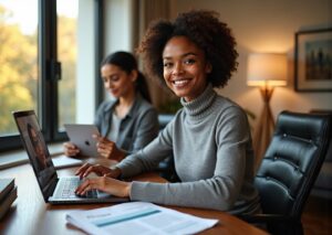 Diverse job candidate practicing interview answers at home with speech exercise worksheets on a desk; parent guiding a teen in the background during role‑play.