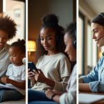 Diverse people practicing phone calls at home with worksheets and a smartphone, showing confidence and calm during telephone practice