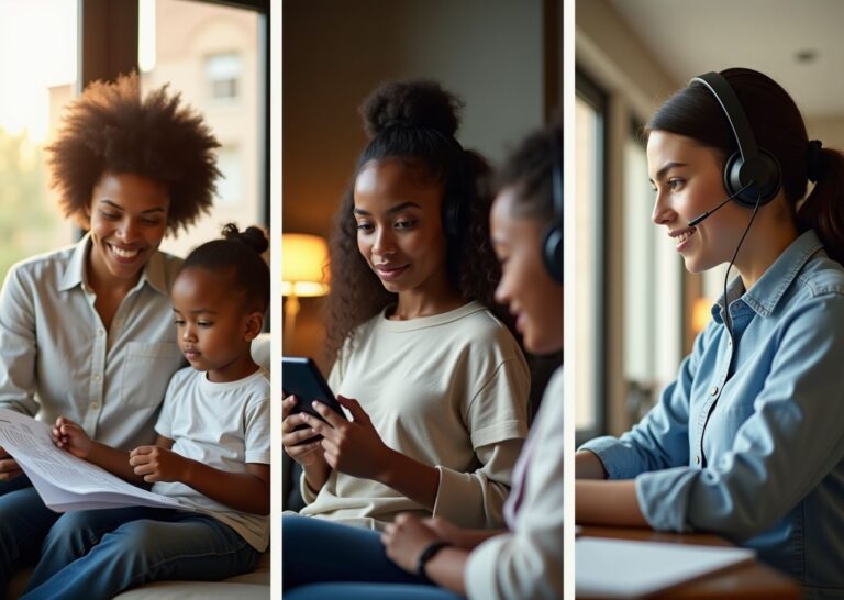 Diverse people practicing phone calls at home with worksheets and a smartphone, showing confidence and calm during telephone practice
