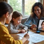 Family practicing Van Riper stuttering modification exercises at home with worksheets and a speech therapist on a tablet in a bright living room