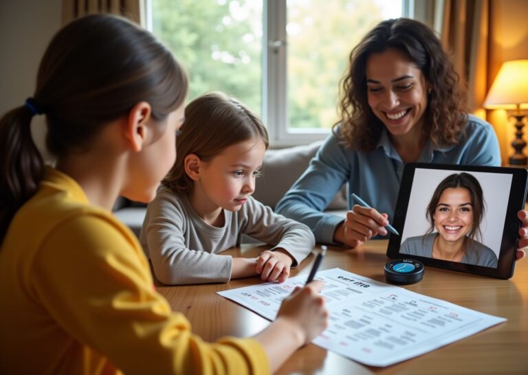 Family practicing Van Riper stuttering modification exercises at home with worksheets and a speech therapist on a tablet in a bright living room