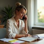 Person practicing a phone call at home with smartphone on speaker, notebook of short scripts and a timer visible