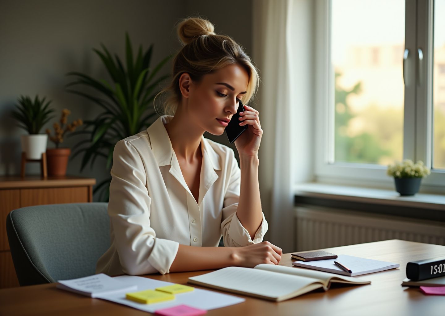 Person practicing a phone call at home with smartphone on speaker, notebook of short scripts and a timer visible