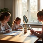 Diverse people practicing speech exercises at home parent with child worksheets teen recording in mirror adult reading aloud indicating at-home stuttering practice