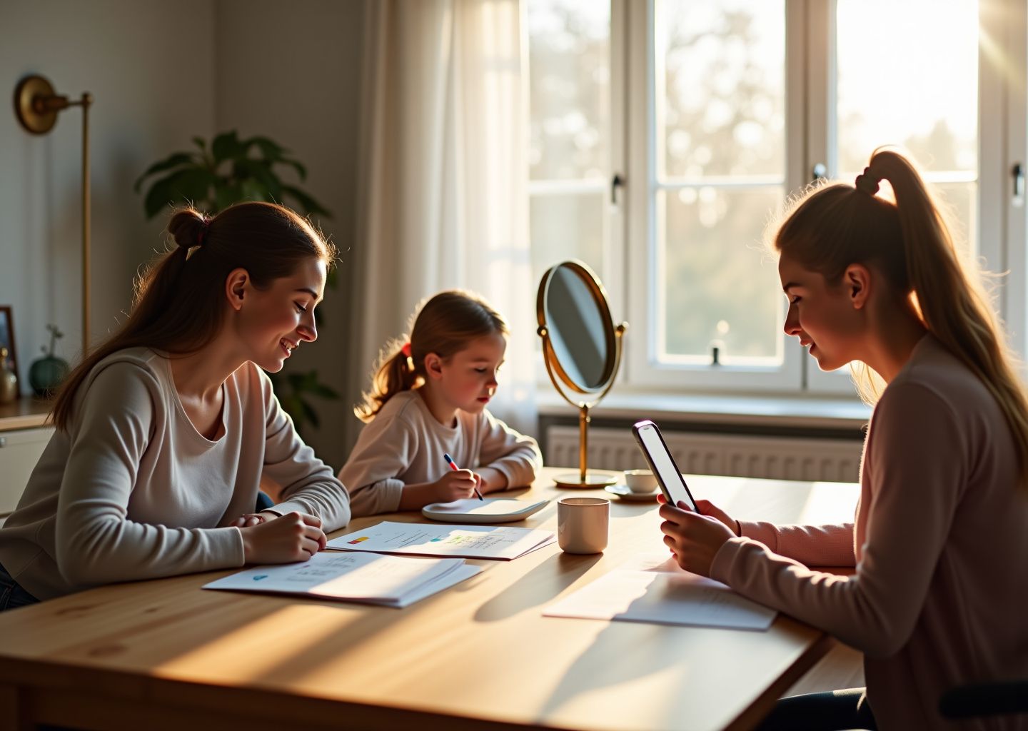 Diverse people practicing speech exercises at home parent with child worksheets teen recording in mirror adult reading aloud indicating at-home stuttering practice